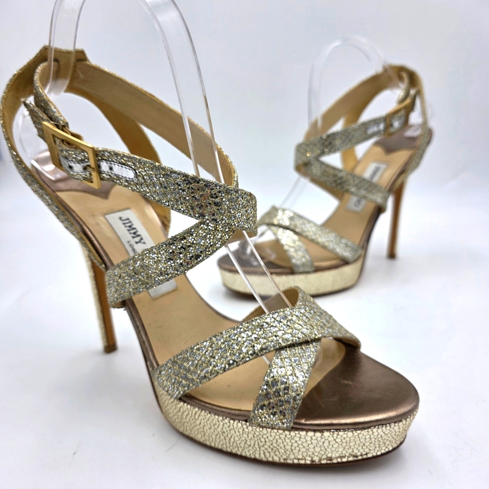 Jimmy Choo Gold Glitter Strappy High Heel Sandals